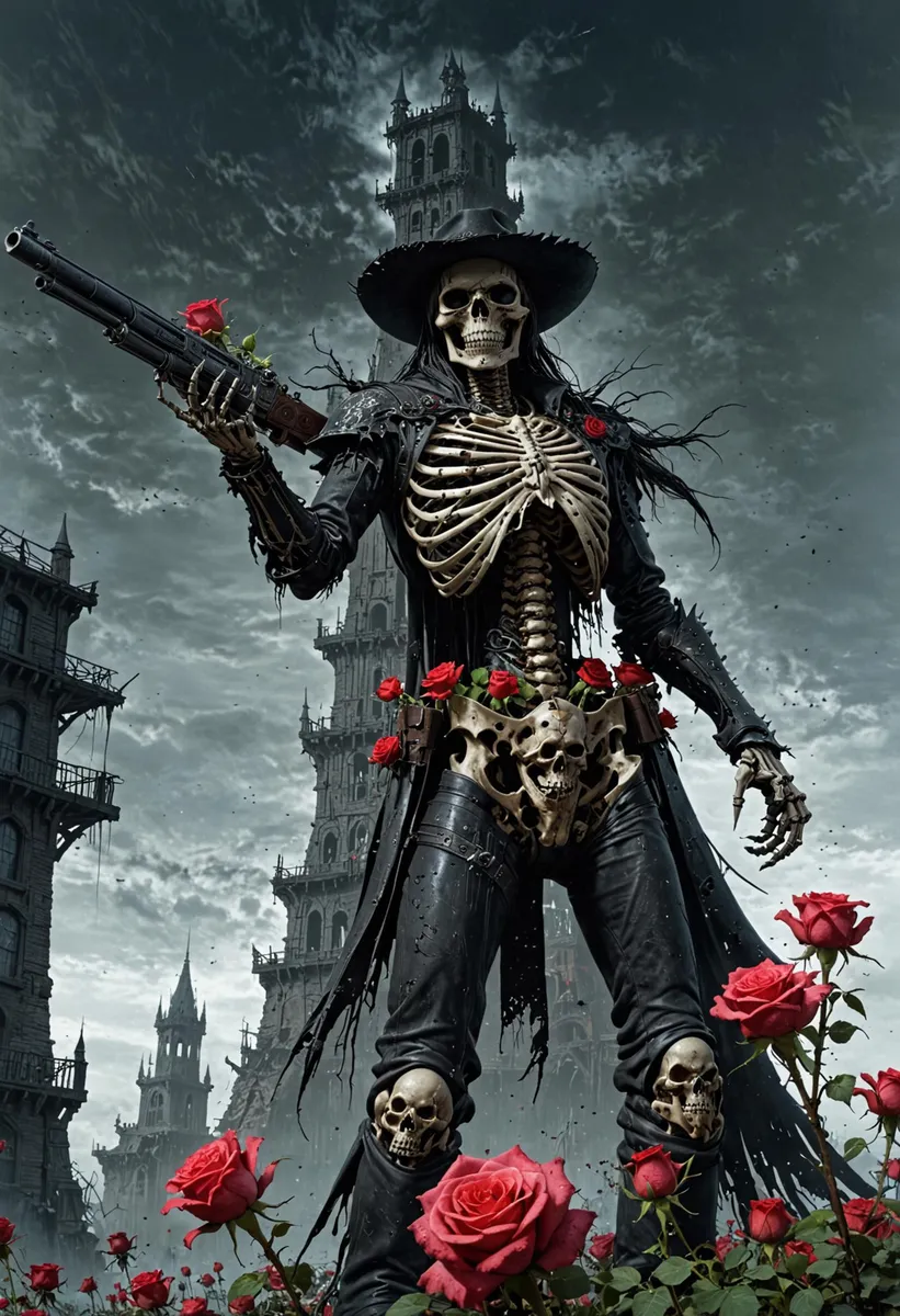 AI generated image using Stable Diffusion of a skeletal warrior dressed in dark clothing, adorned with roses, standing against a gothic landscape.