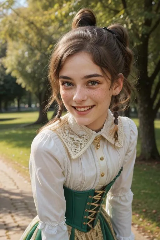 Smiling girl with braided hair wearing a vintage outfit with lace and buttons, standing in a park. AI generated image using Stable Diffusion.