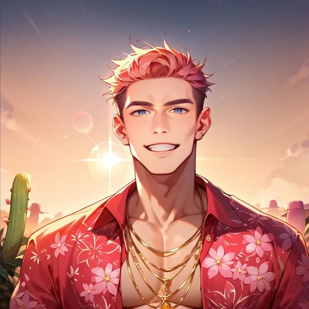A smiling man with vibrant pink hair standing at sunset, wearing a red tropical shirt decorated with flower patterns. Multiple chains layer on his neck. AI generated image using Stable Diffusion.