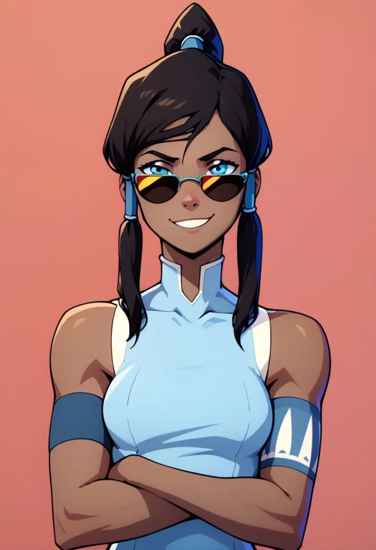 Anime character of a smiling woman with brown hair in a ponytail, wearing round sunglasses, a light blue sleeveless top, and arm bands. AI-generated image using Stable Diffusion.