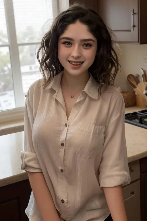 Smiling woman in a beige casual shirt standing in a modern kitchen with sunlight streaming through the windows, AI generated image using Stable Diffusion.