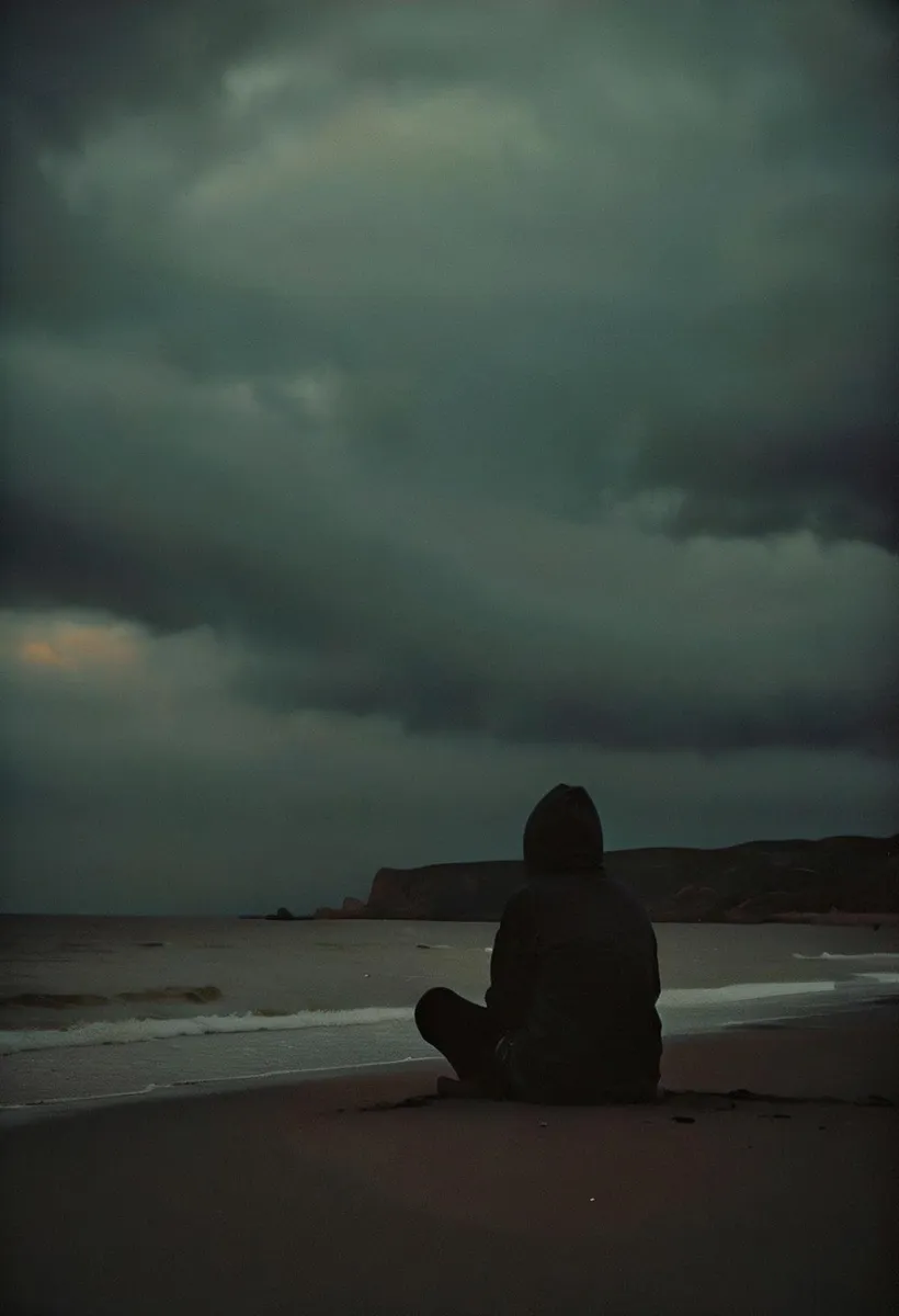 A solitary figure dressed in a dark hooded jacket sitting on a dark sandy beach, under a stormy sky. AI generated image using Stable Diffusion.