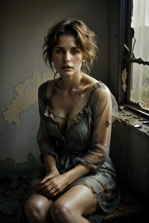 A somber woman with tousled hair and a sheer, tattered dress sits by a broken window in an abandoned house. AI generated image using Stable Diffusion.