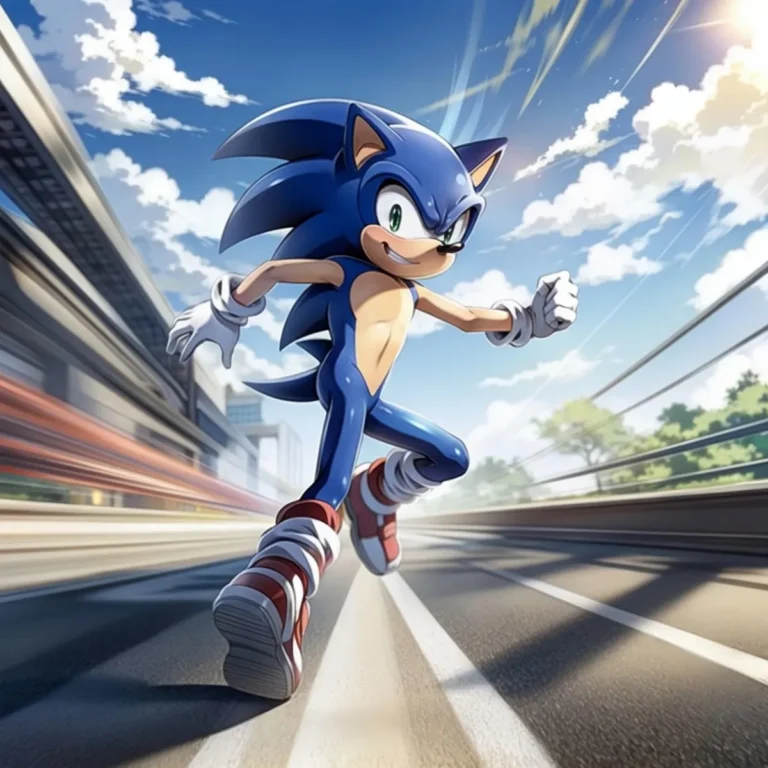 Sonic the Hedgehog running at high speed on a sunny day. AI generated image using stable diffusion.