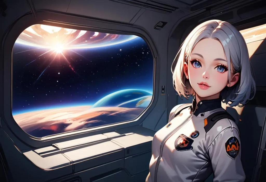 Anime-style girl with short, silver hair wearing a futuristic astronaut suit inside a spaceship, looking out into space with planets and a bright star.