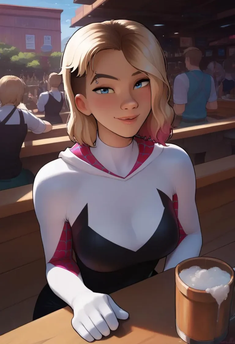 Spider-Gwen with short blonde hair and wearing her superhero costume, sitting at a table with a drink, in an animated style using Stable Diffusion.