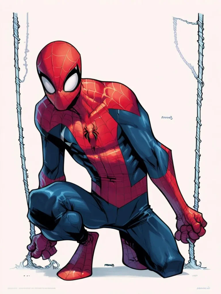 Spider-Man in his classic red and blue costume, crouching down and holding onto web strands, AI generated image using Stable Diffusion.