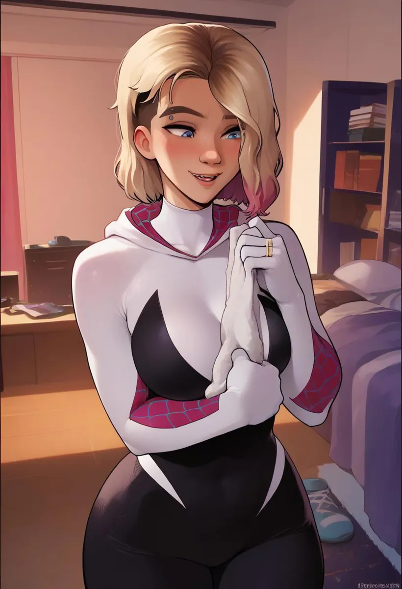 Spider Gwen in a casual setting, AI generated with Stable Diffusion
