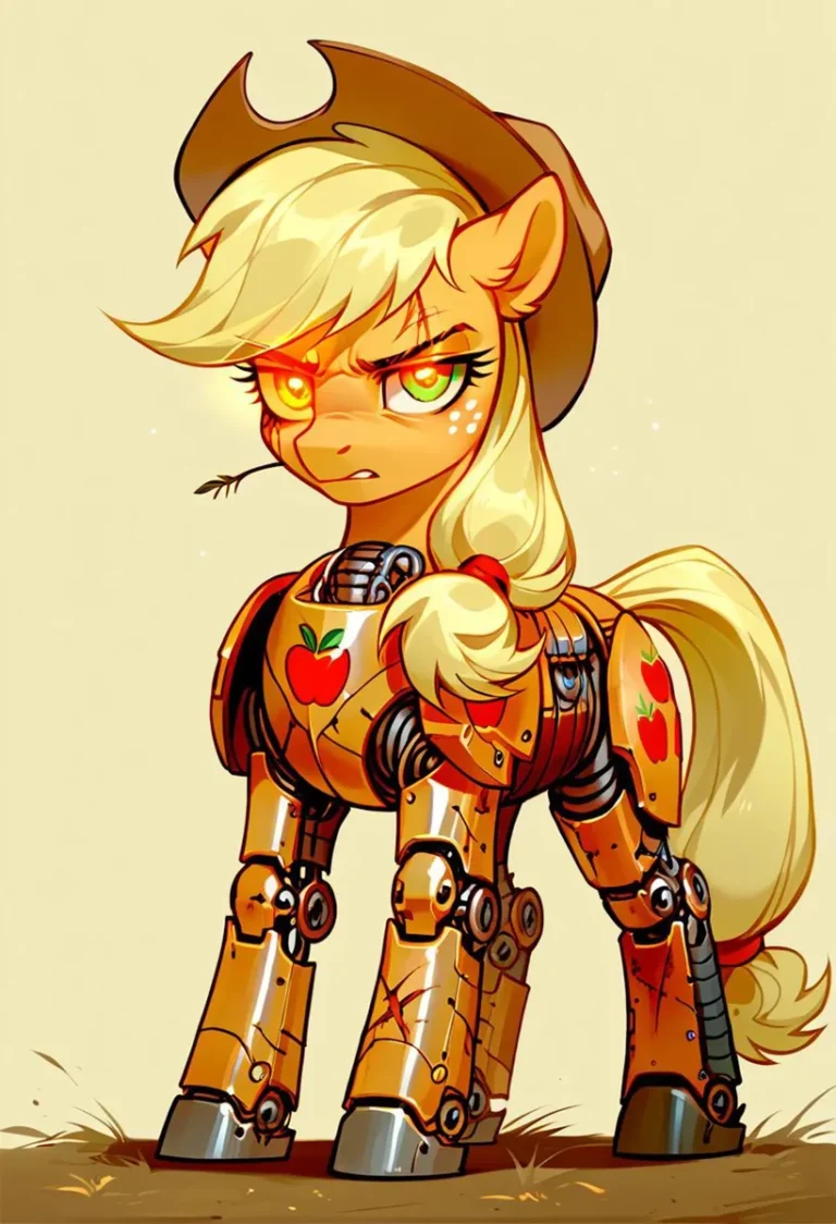 A steampunk-themed cyberpony with mechanical features and glowing eyes, AI generated using Stable Diffusion.