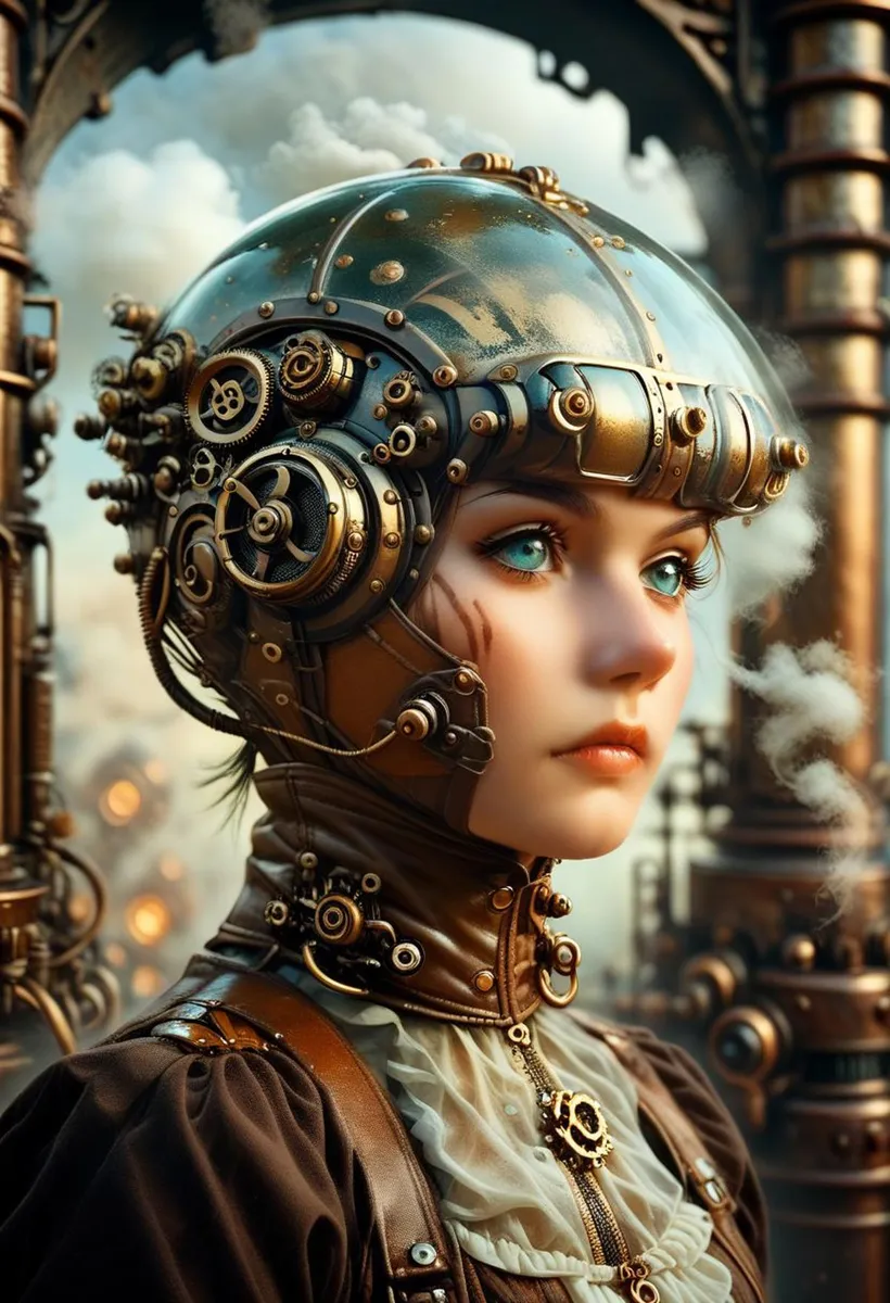 AI generated image of a steampunk cyborg woman wearing intricate futuristic gear created using stable diffusion.
