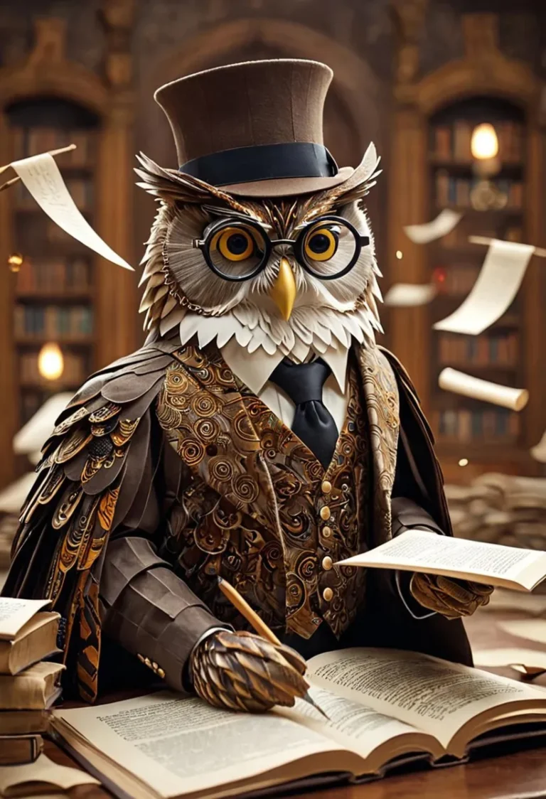 A steampunk anthropomorphic owl in a Victorian outfit with a top hat, glasses, and mechanical wings, writing in an ancient book. This AI generated image was created using Stable Diffusion.