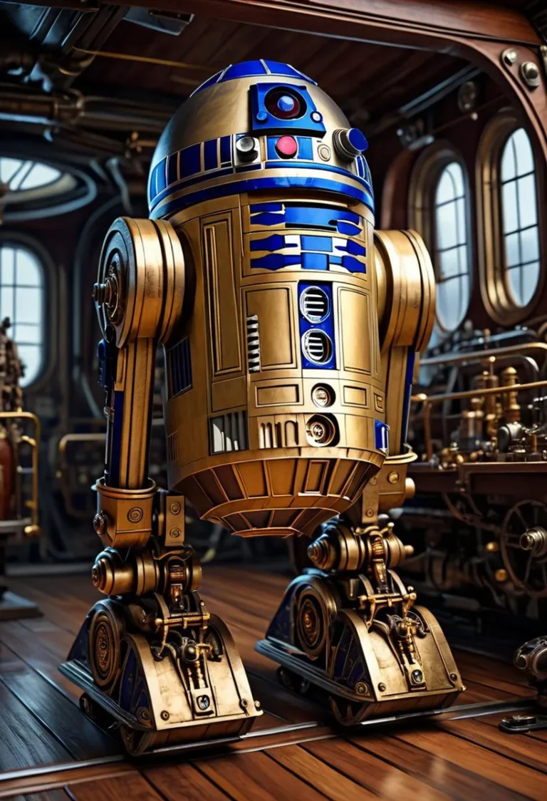 A steampunk rendition of R2-D2 with a golden and blue metal body, set in a vintage room with intricate machinery. AI generated image using Stable Diffusion.