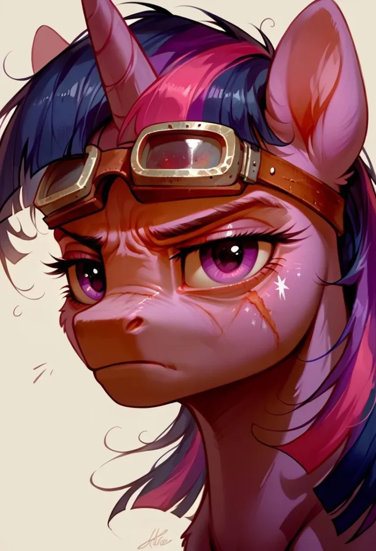 A steampunk unicorn with goggles, featuring vibrant purple and pink colors, and a scar on its face. This is an AI-generated image using Stable Diffusion.