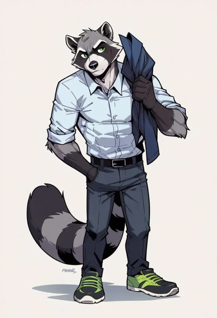 Anthropomorphic raccoon wearing a white dress shirt, dark jeans, and green sneakers holding a jacket. AI generated image using stable diffusion.