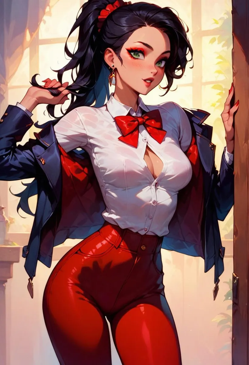 Stylish woman with black wavy hair tied back, wearing a white shirt with a red bow and red high-waist pants. The background shows a softly lit room with a window.