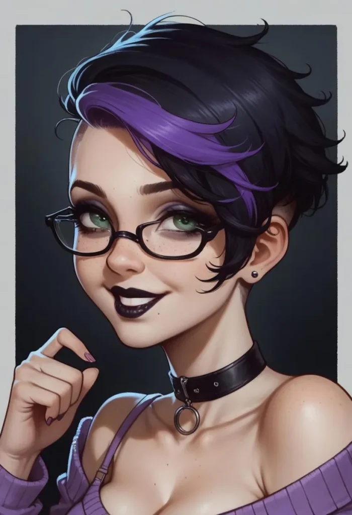 AI generated image of a stylish young woman with short black hair featuring purple highlights, green eyes, glasses, and dark lipstick, created using Stable Diffusion