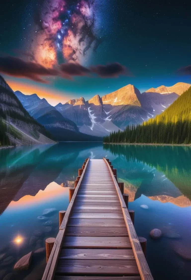 AI-generated image of a serene lake surrounded by mountains at sunset, with a wooden pier leading into the water and a starry galaxy sky overhead.