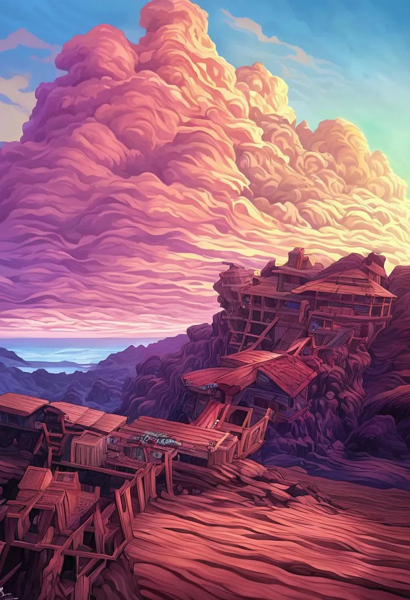 A surreal landscape featuring a floating house precariously perched on rocky terrain with dramatic, layered pink clouds in the sky. AI generated using Stable Diffusion.