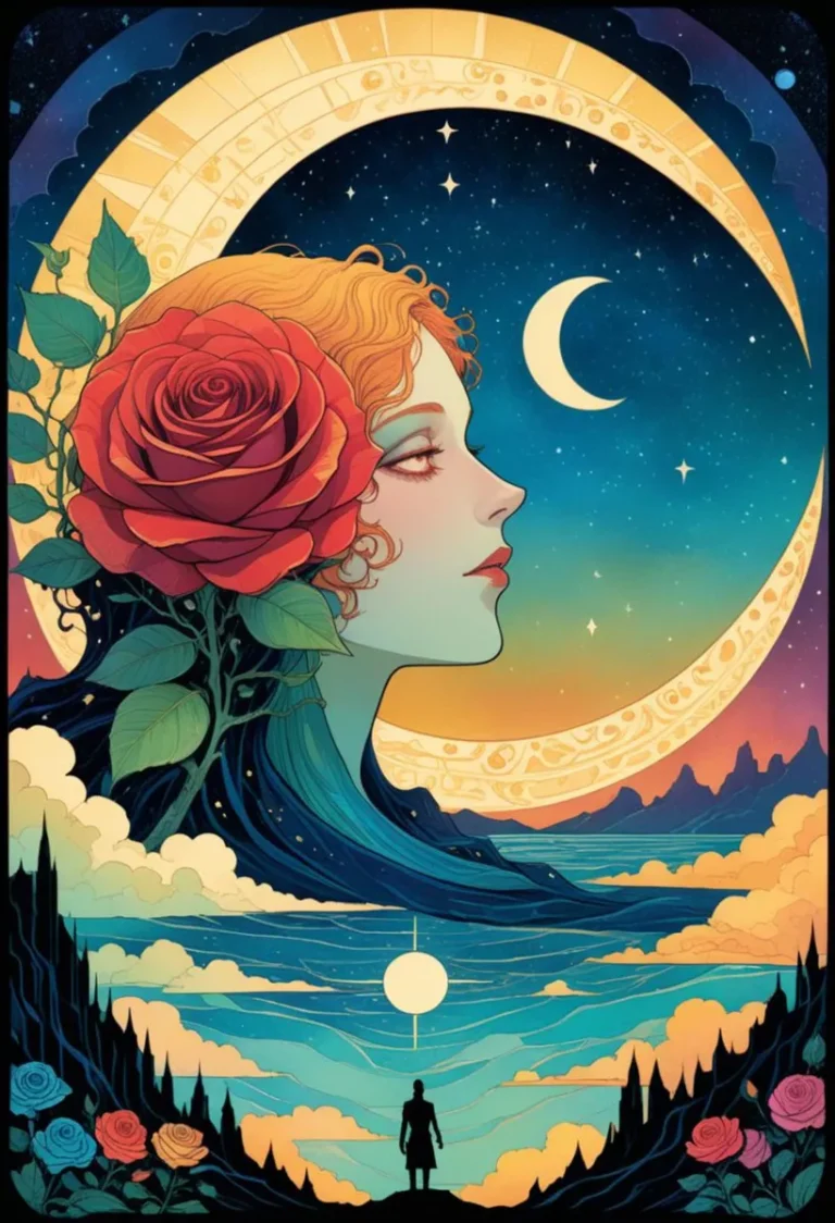 Surreal artwork of a woman's profile with a red rose in her hair, set against a backdrop of a crescent moon and a dreamlike landscape. AI generated image using Stable Diffusion.