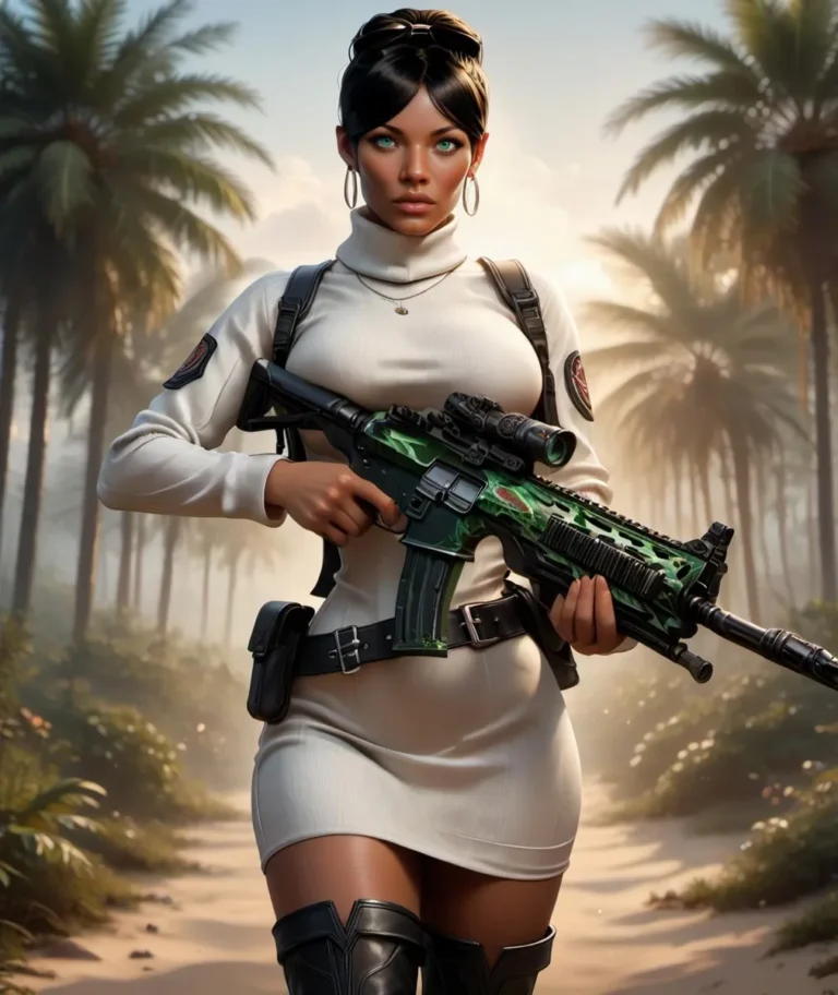 A tactical woman standing in a jungle environment, created using AI and Stable Diffusion.
