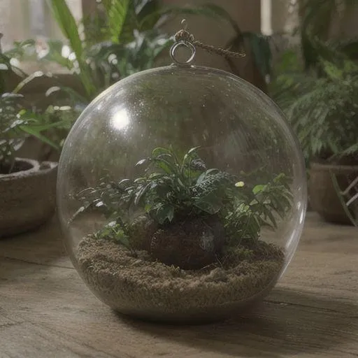 AI generated image of a miniature garden terrarium in a glass globe using Stable Diffusion.