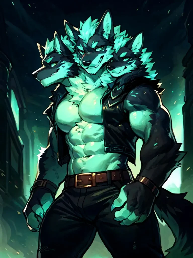 A muscular anthropomorphic three-headed wolf-man standing in a dark alley, illustrated using AI and Stable Diffusion.