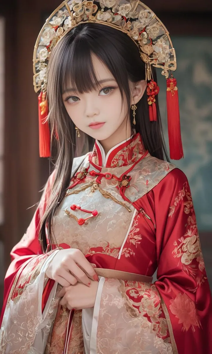 AI generated image depicting a beautiful woman in traditional Chinese hanfu with an elaborate headdress, created using Stable Diffusion.