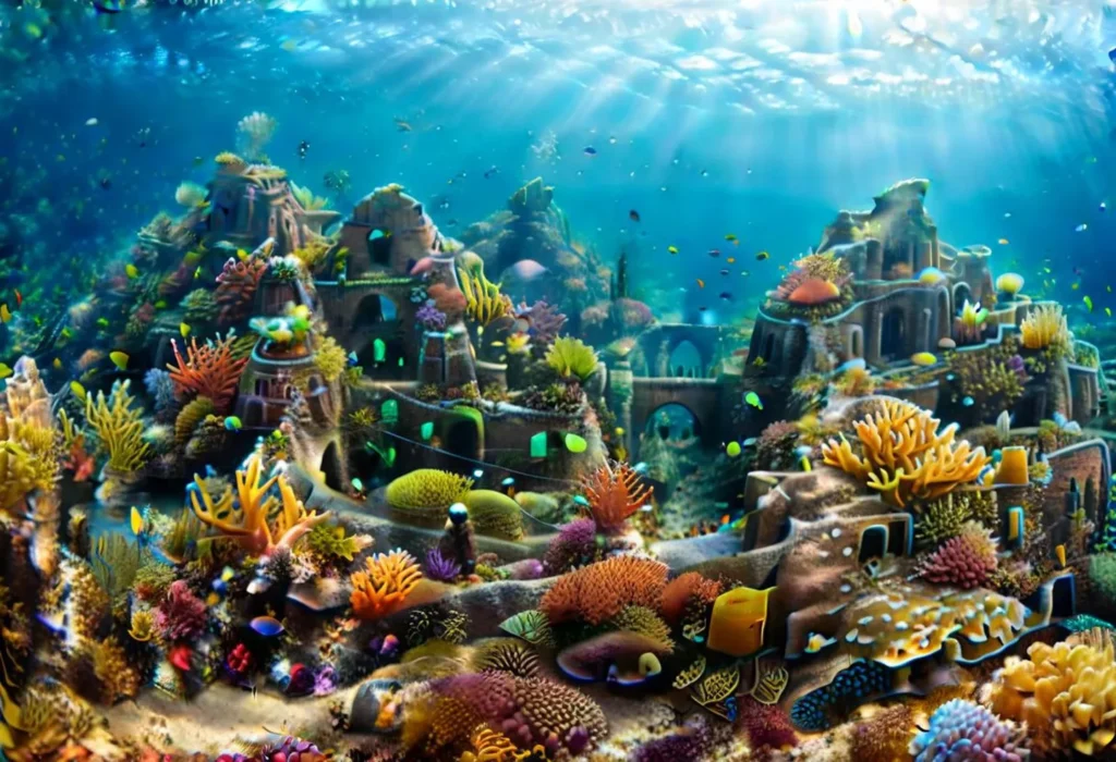 Vibrant coral reef surrounding an underwater city with ancient-like structures. AI generated image using Stable Diffusion.