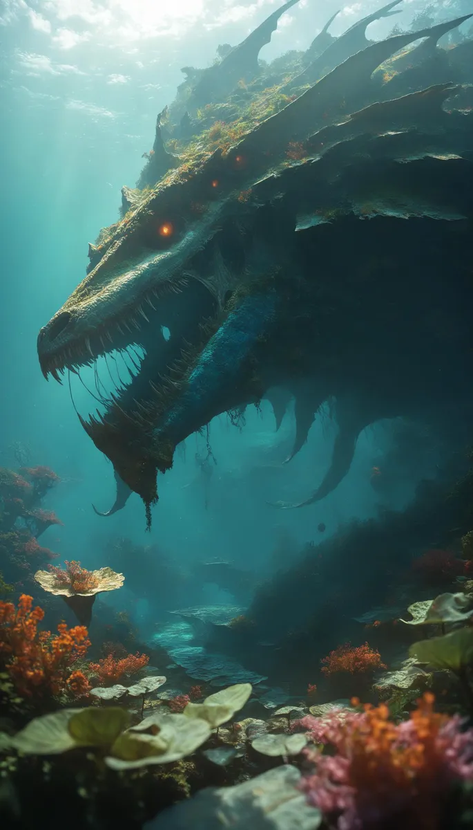 A majestic, AI-generated underwater dragon navigating through a vibrant, coral-rich seascape, created using Stable Diffusion.