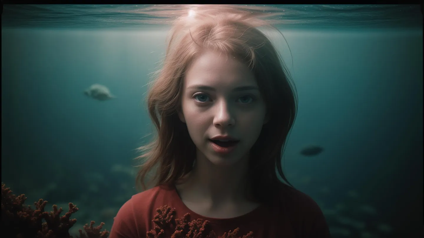 An AI-generated image of a young woman underwater, with a serene and ethereal expression, created using Stable Diffusion.