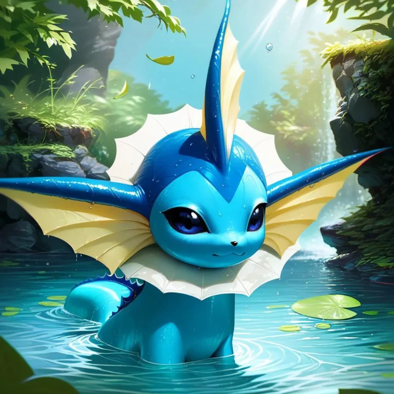 AI generated image of Vaporeon, a water type Pokemon, featuring blue and yellow fins in a serene forest pond, using Stable Diffusion.