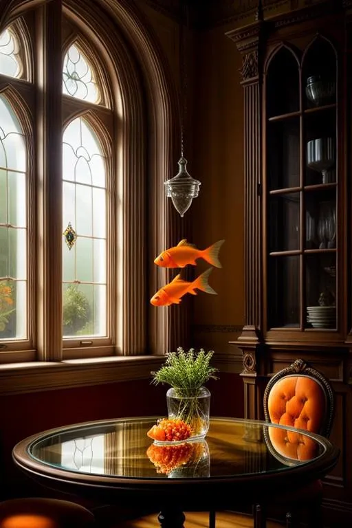 Victorian interior with floating goldfish above a round glass table. AI generated image using stable diffusion.