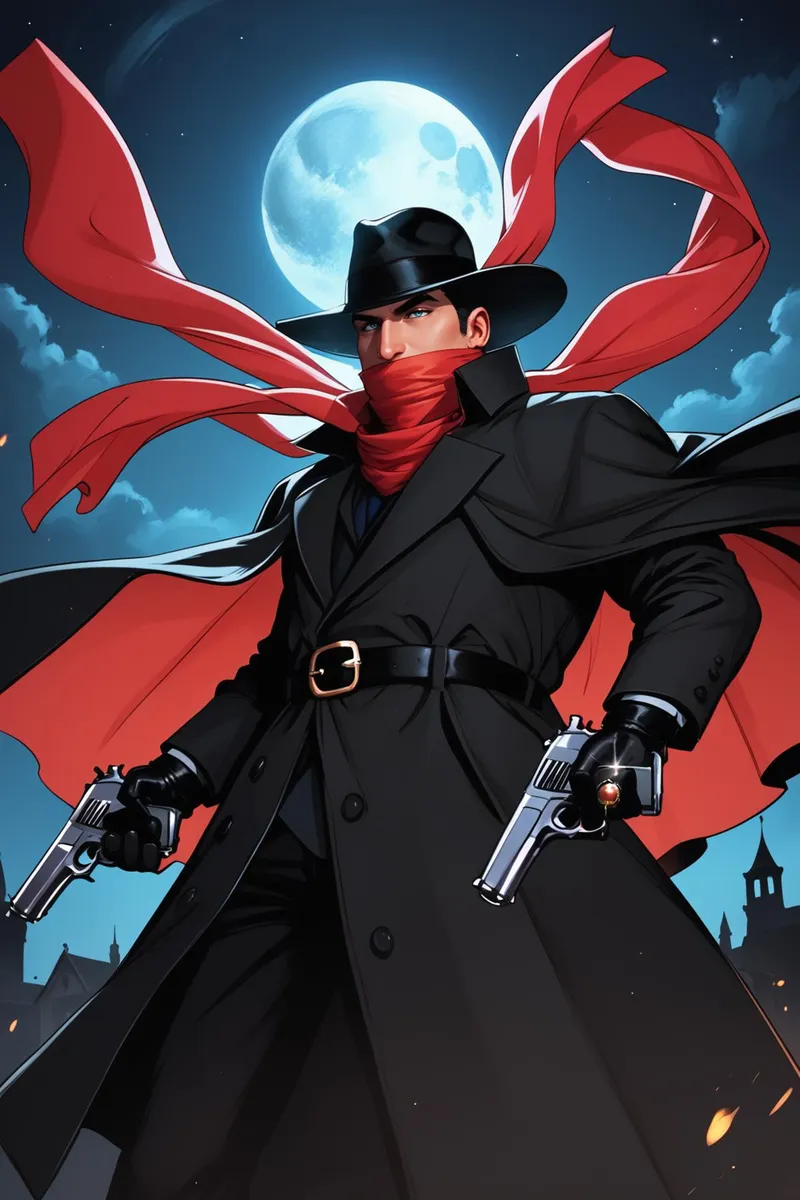 AI generated image of a vigilante hero dressed in noir style with a black coat and red scarf, holding two handguns under a full moon using stable diffusion.