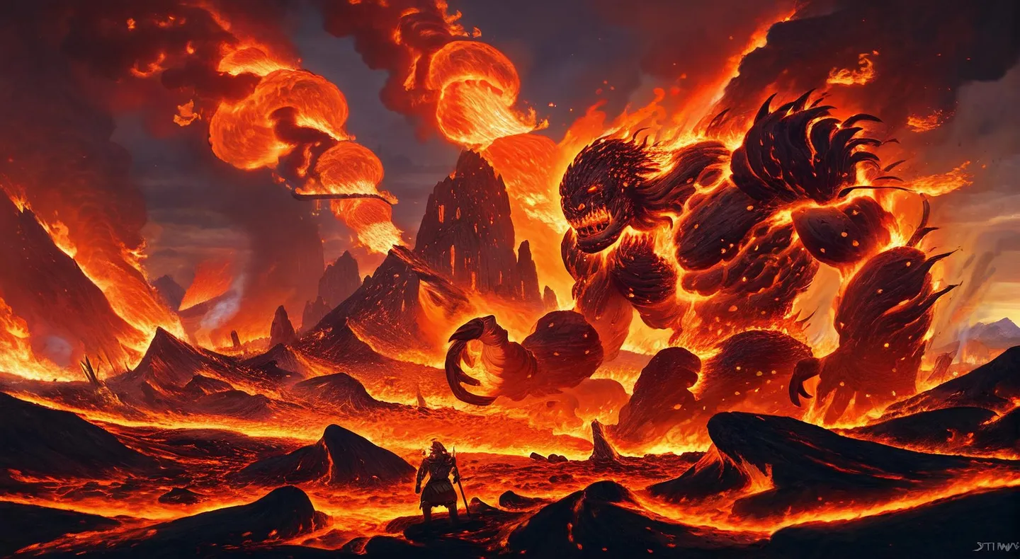 A dramatic volcanic landscape with a towering lava monster confronting a lone warrior, created using Stable Diffusion.