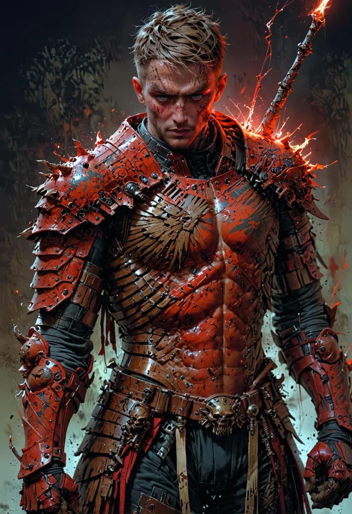 A fierce warrior dressed in fiery red battle armor with a determined expression, generated by AI using Stable Diffusion.