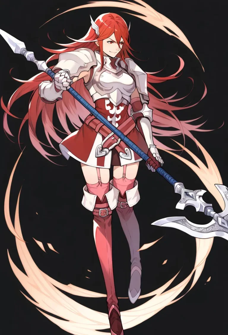 A fierce warrior woman with long red hair, clad in white and red armor, wielding a long spear. AI generated image using stable diffusion.
