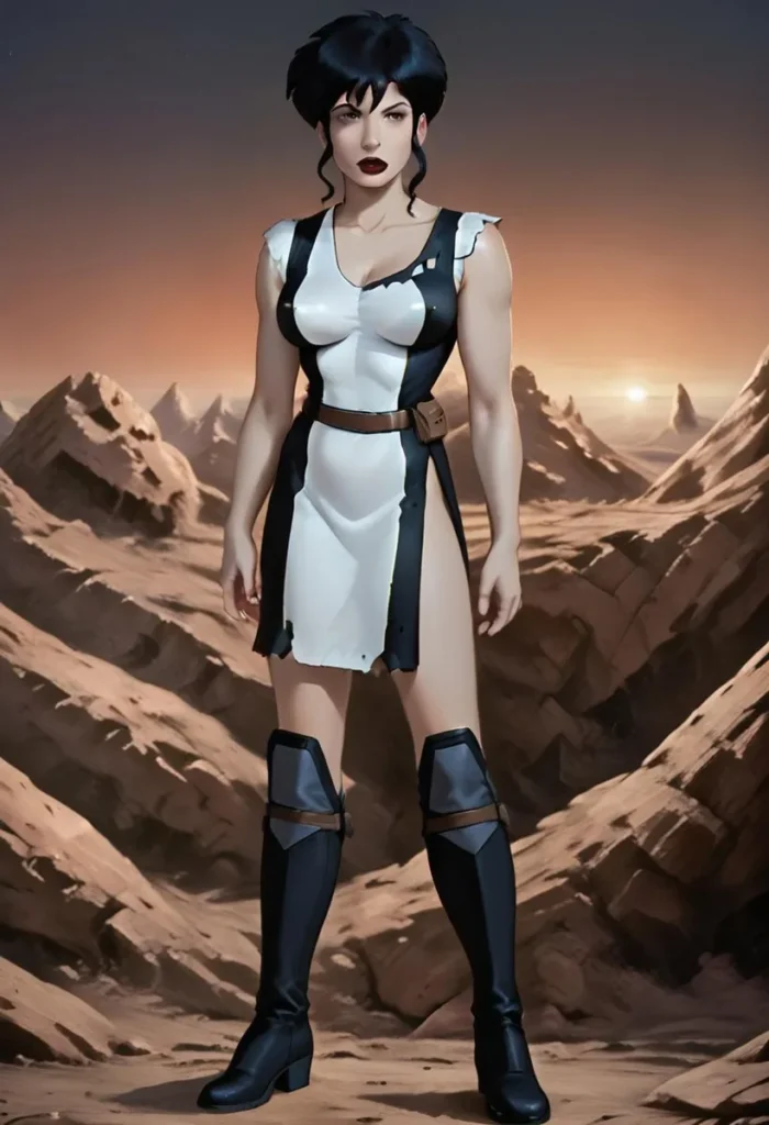 AI-generated image of a strong warrior woman standing in a futuristic desert landscape, created with stable diffusion.