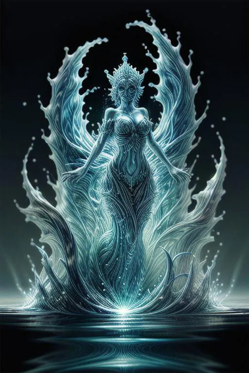Depiction of an ethereal water goddess with flowing oceanic elements generated through AI using stable diffusion.