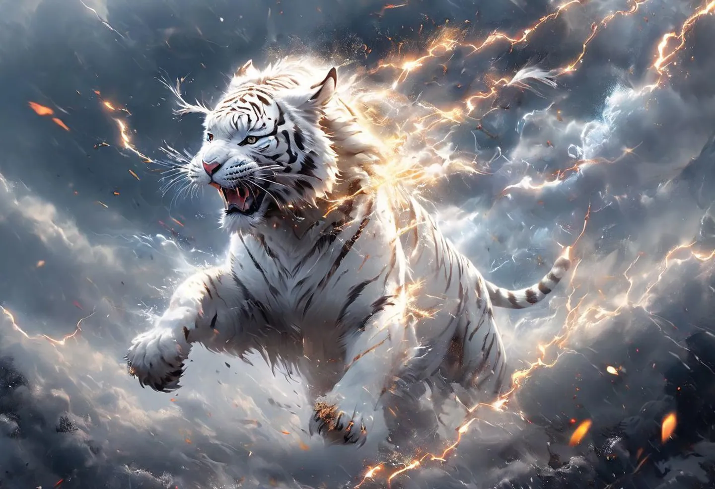 A dynamic white tiger with electrifying lightning effects in a dark, stormy sky, AI generated with Stable Diffusion.