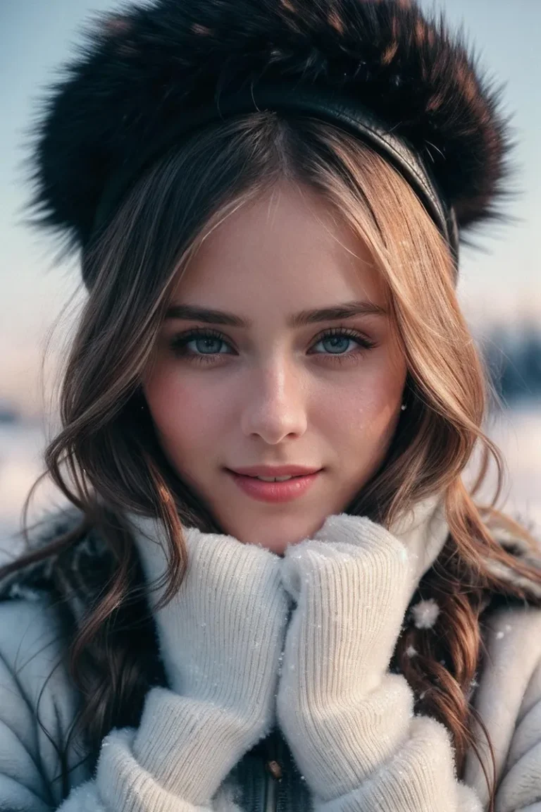 Winter beauty portrait of a young girl in fluffy gloves and a fur hat, generated by AI using Stable Diffusion.
