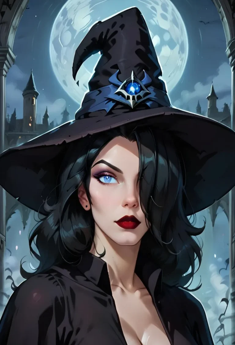 AI generated image using stable diffusion of a beautiful witch with intense blue eyes, wearing a large, brimmed witch hat adorned with a blue gemstone, and set against a gothic castle backdrop under a full moon.