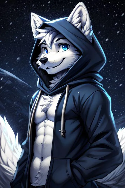 Digital art of a muscular anthropomorphic wolf wearing a hoodie, created using Stable Diffusion.