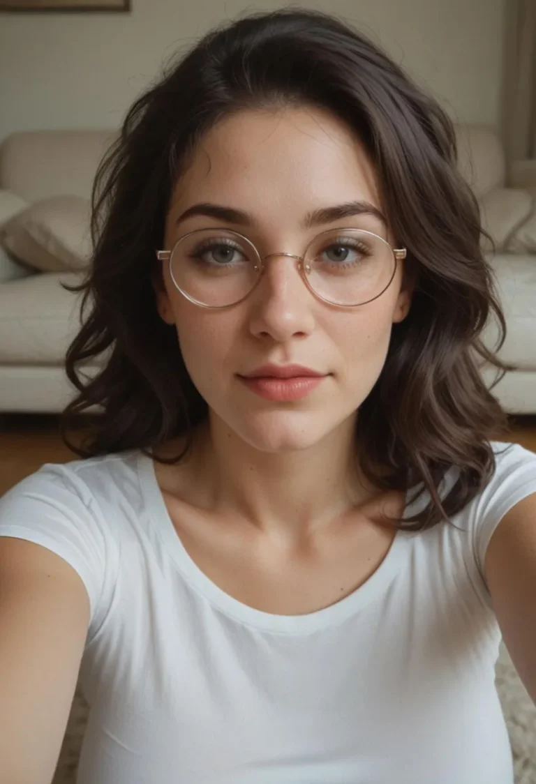 A realistic AI-generated portrait of a woman with dark hair, wearing round glasses and a white shirt, created using Stable Diffusion.