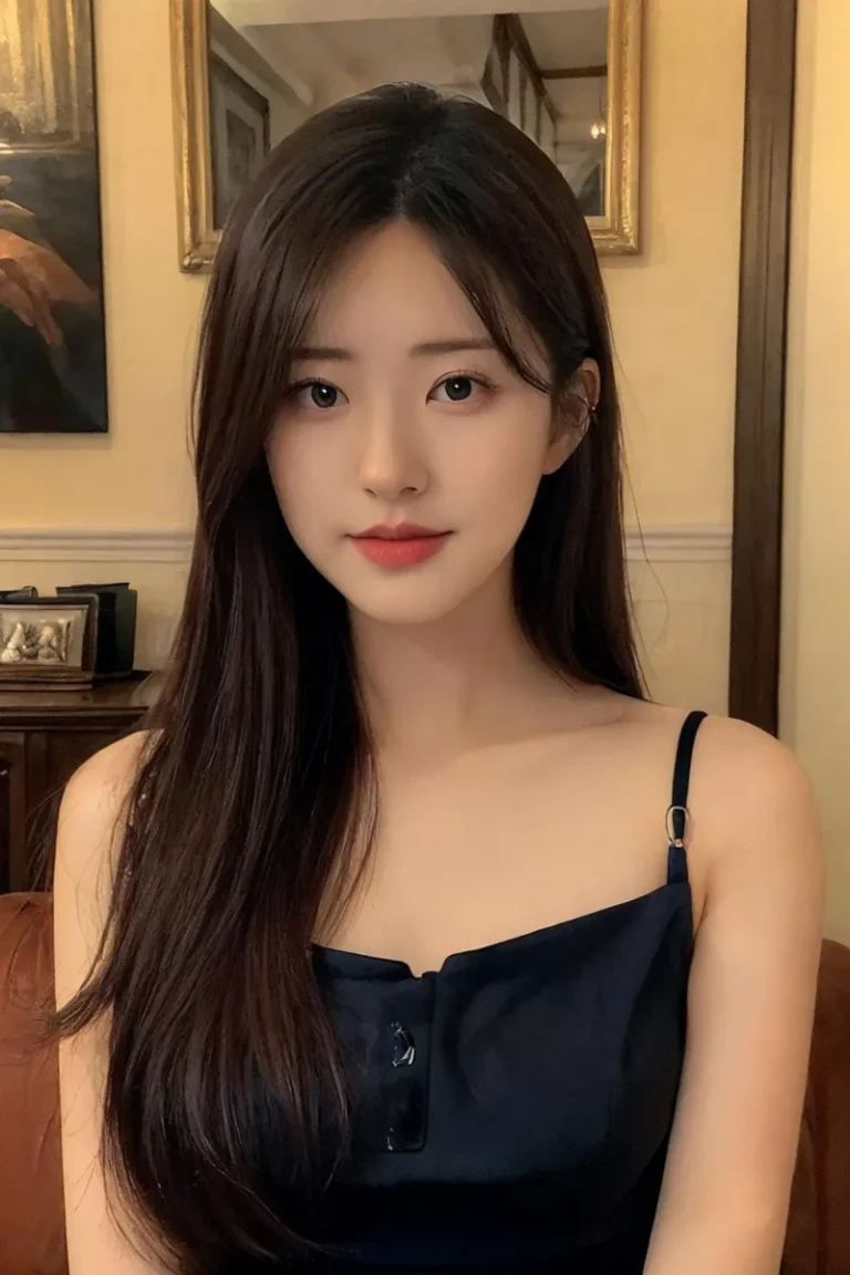 AI generated image using stable diffusion of a young woman with long dark hair and a sleeveless black top, sitting in a room with framed pictures on the wall.