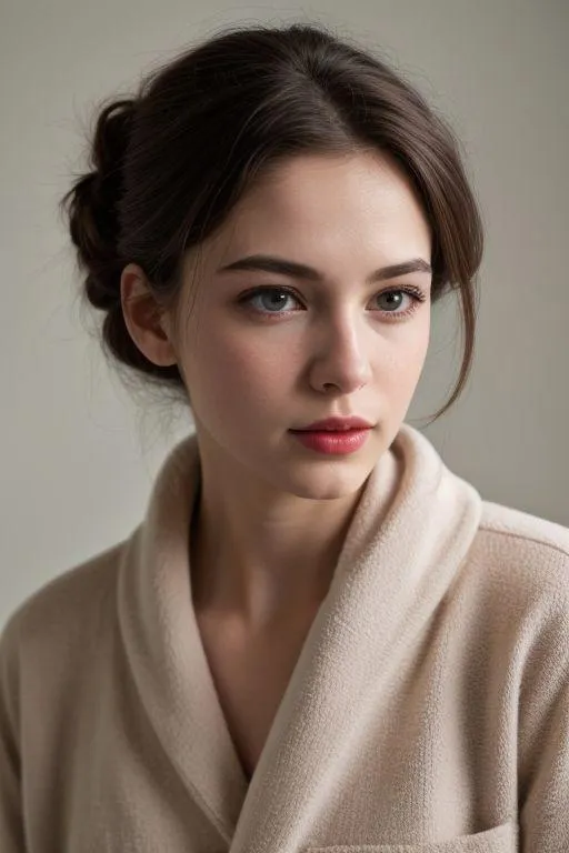 Portrait of a young woman with dark hair tied in a loose bun, wearing a beige robe. This is an AI generated image using Stable Diffusion.