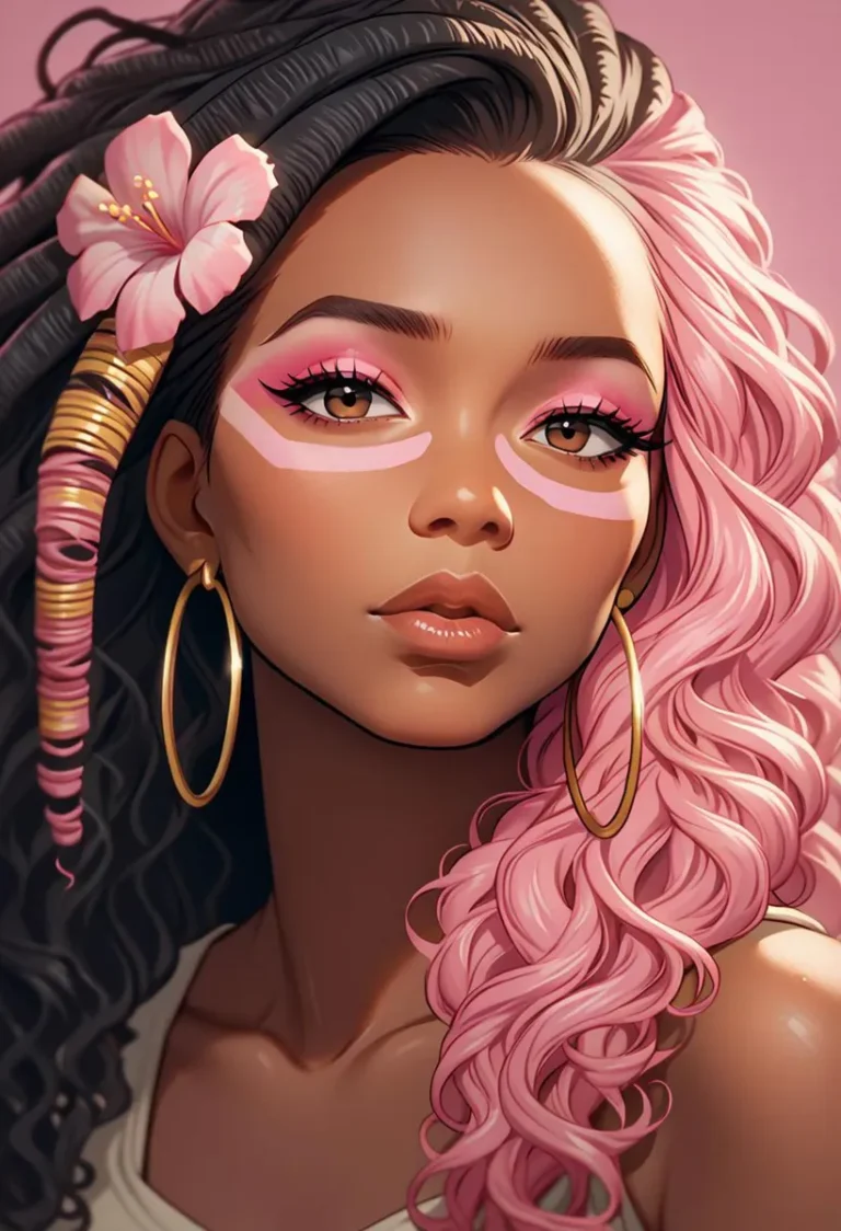 Digital portrait of a woman with a flower in her black and pink hair, wearing large hoop earrings, created using Stable Diffusion.