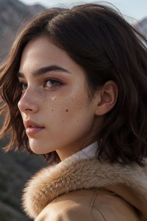 Close-up portrait of a young woman with freckles, short wavy hair, and a fur-collared jacket, AI generated using Stable Diffusion.
