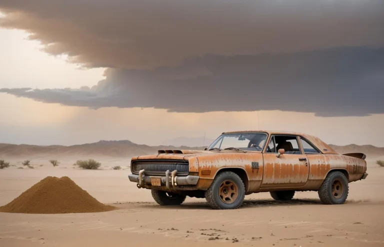 Abandoned rusted car in a desert landscape under a stormy sky. AI-generated image using Stable Diffusion.