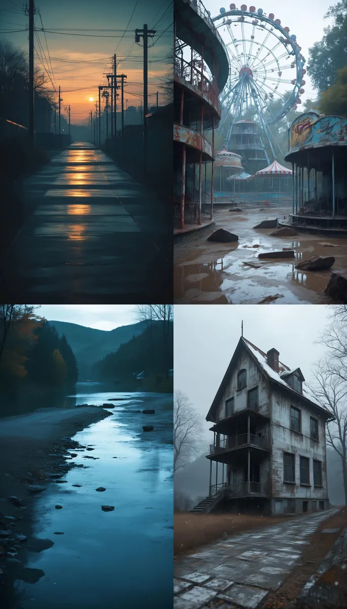 An eerie and desolate collection of four images showcasing an abandoned street at sunset, a decaying amusement park with a ferris wheel, a misty riverbank, and a dilapidated house, generated using Stable Diffusion AI.
