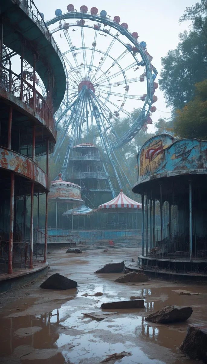 A desolate, abandoned amusement park with a focus on an old, rusting Ferris wheel. This is an AI generated image using stable diffusion.